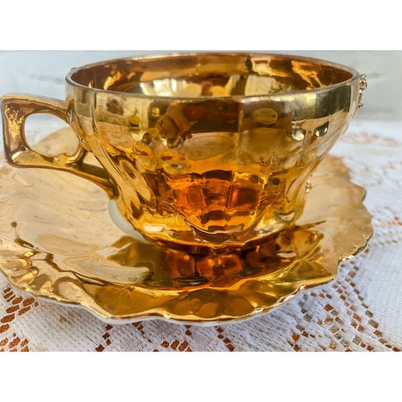 Antique German Porcelain Teacup Saucer Heavy Gold Cobalt Blue 3D Flower - Picture 4 of 16